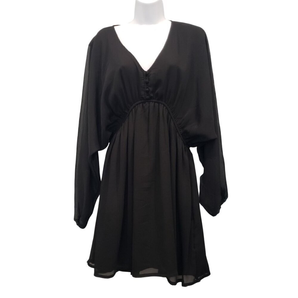 A New Day Chiffon Babydoll Mini Dress Balloon Sleeves Whimsigoth Black M NWOT